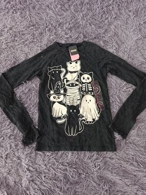 Special Thanks Women's Black Cat Graphic Long Sleeve T-Shirt Crew Neck XXS